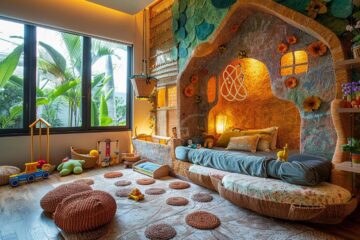 Chambre d'enfant éco-chic décorée avec des matériaux recyclés mettant en avant l'innovation et la magie du recyclage